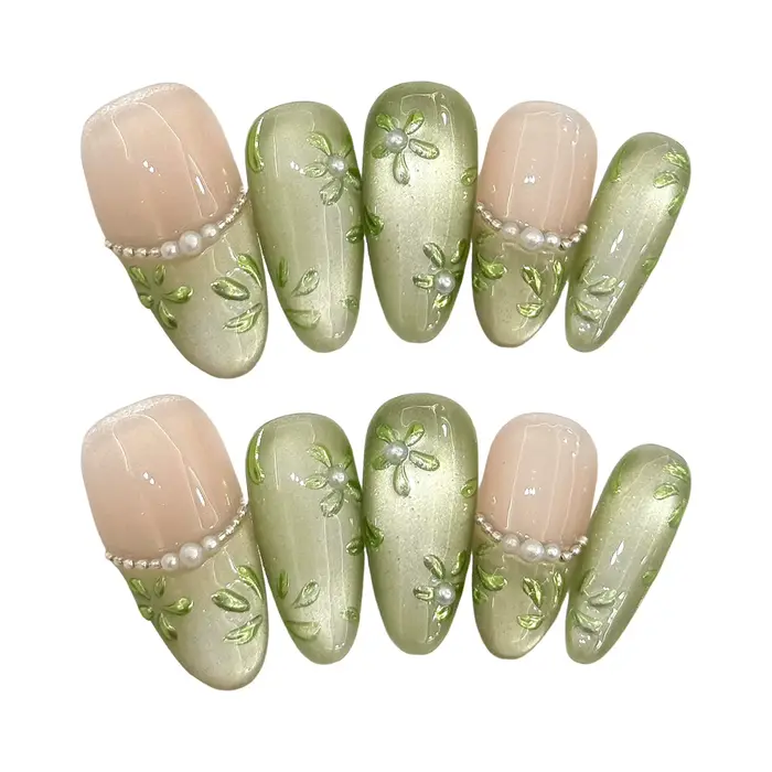 10 pièces vert clair à la main presse sur les ongles peint à la main fleur oeil de chat faux ongles 