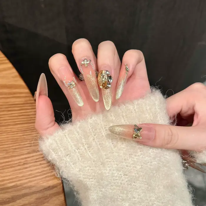 10 pièces presse à la main sur les ongles Champagne Zircon diamant amande faux ongles décor portable