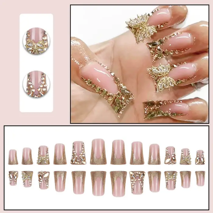 24 pièces lumière luxe presse sur ongles brillant or Style français bec de canard faux