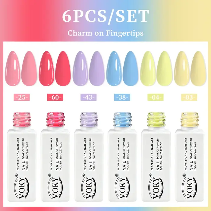 Ensemble de 6 vernis à ongles, disponible en rose vif, violet clair, bleu ciel, jaune crème et autre