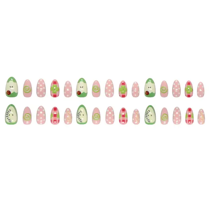 24 faux ongles à presser vert mignon motif pomme et amande