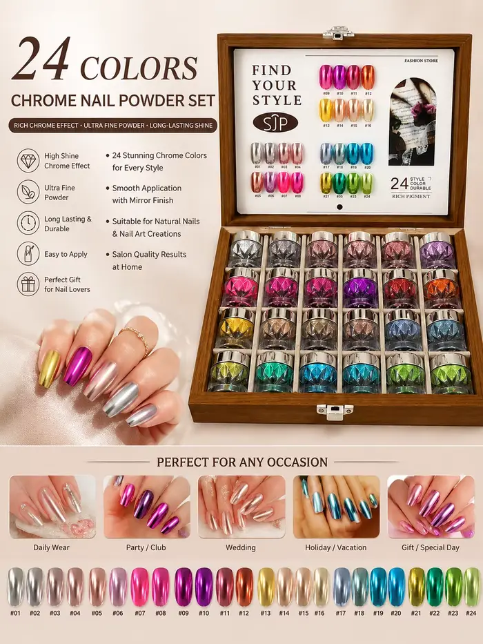 24 poudres à ongles effet miroir magique de qualité supérieure, une nuancière et des tampons à ongle