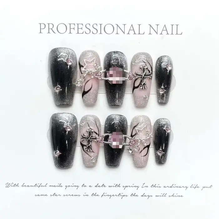 Ongles artificiels scintillants rose diamant, motif planète et flamme, effet œil de chat, réutilisab