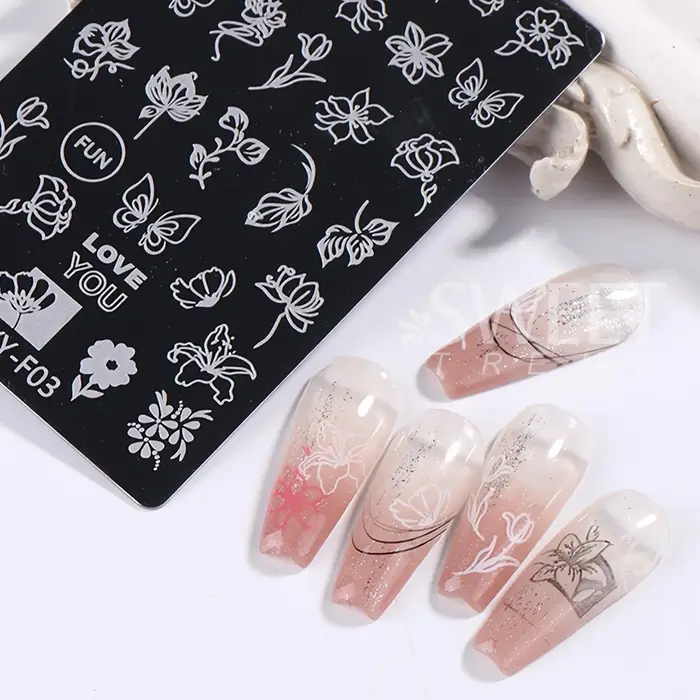 Plaque d'estampage pour Nail Art, feuilles de fleurs simples, cadre Floral papillon, Image géométriq