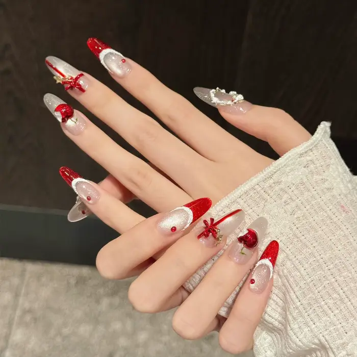 10 pièces faux ongles de noël faits à la main charmant oeil de chat rouge pointe française presse