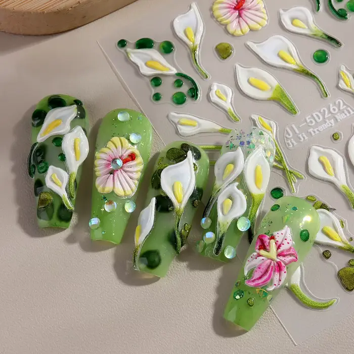 Autocollants pour ongles 5D printemps-été à motifs floraux roses et léopard