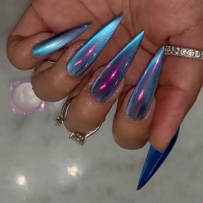 24 pièces faux ongles œil de chat bleu portable longs
