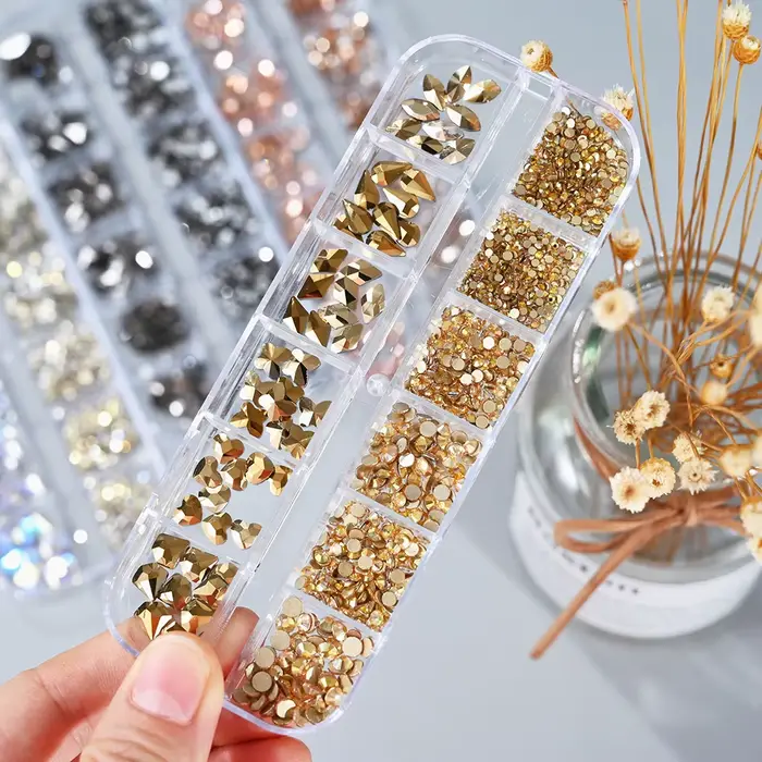 Strass diamant pour ongles or/Champagne, taille mixte 2-6mm, verre brillant à dos plat, gemmes en cr