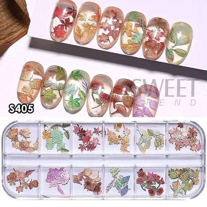 Ensemble de 12 grilles de fausses feuilles d'érable pour ongles, ensemble de paillettes, simulation