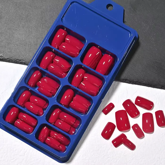 120 faux ongles carrés brillants rouge rose