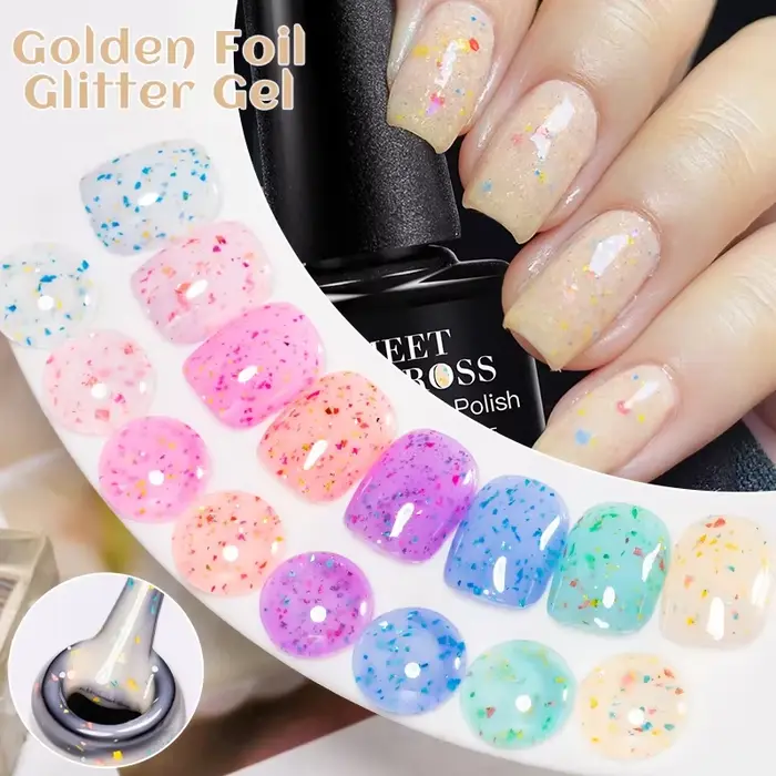 Vernis à ongles Gel pailleté feuille d'or rose flocons d'or