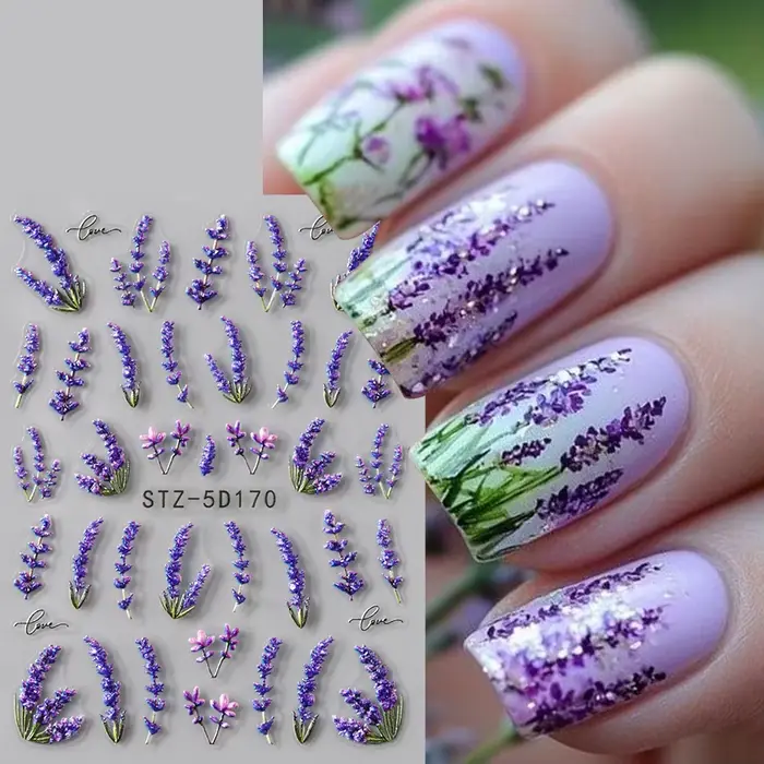 Autocollants pour ongles en relief 5D, 2 pièces, fleurs de lavande élégantes, fleurs lumineuses, aut