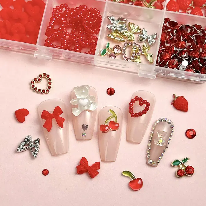 1 boîte de breloques pour ongles en résine de cerise simulée festive 3D
