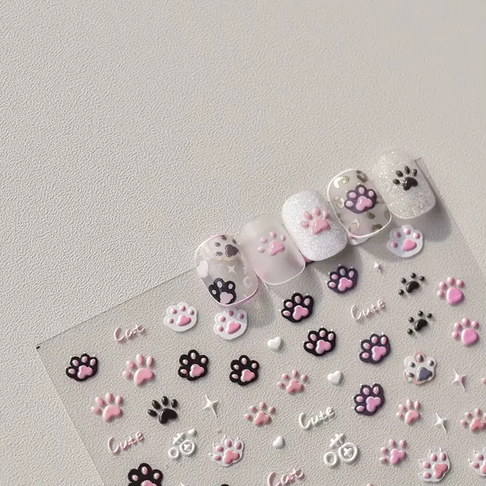 Autocollants pour ongles chat mignon gelée rose patte