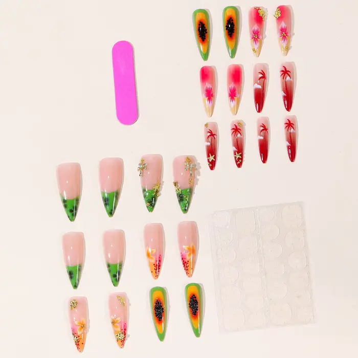 24 faux ongles à presser motif fruits tropicaux et floraux