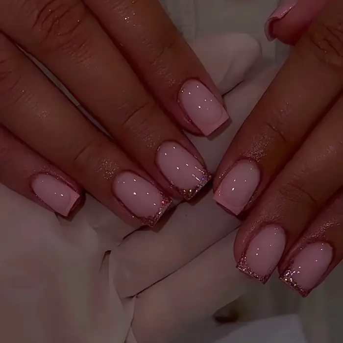 Faux ongles français à pression rose, carrés courts, avec colle, paillettes, acrylique, couverture c
