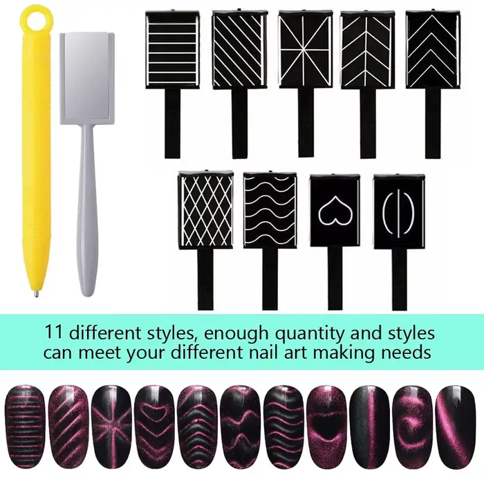 Ensemble de 11 outils d'art des ongles, tige magnétique œil de chat, aimant puissant adapté au polis