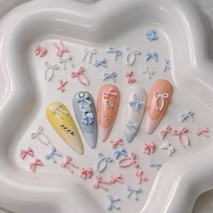 100 pièces 3D bébé bleu mixte nœud papillon Nail Art décorations résine doux ruban arcs ongles breloques pour bricolage artisanat manucure accessoires