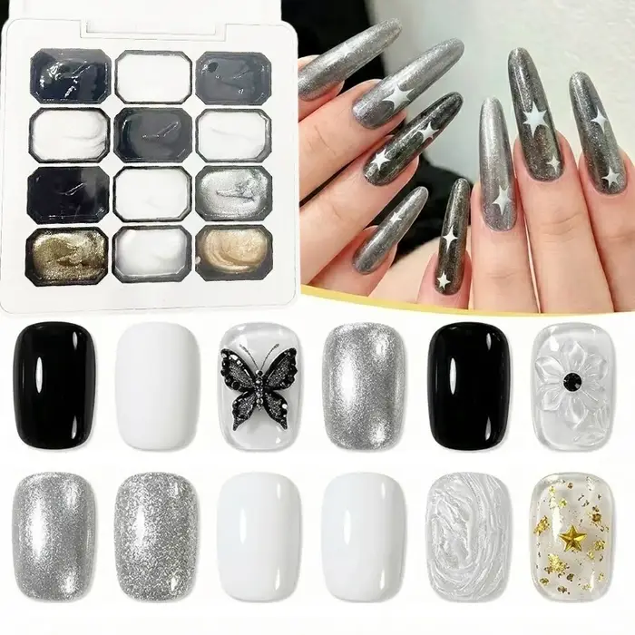 Nouveau vernis à ongles en gel solide 12 couleurs très populaire—Avec des teintes blanches, noires, dorées et argentées pour les manucures françaises—Longue tenue et