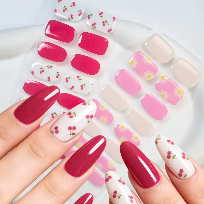 Autocollants pour ongles en gel UV semi-durcis à motif fleur de cerisier rose