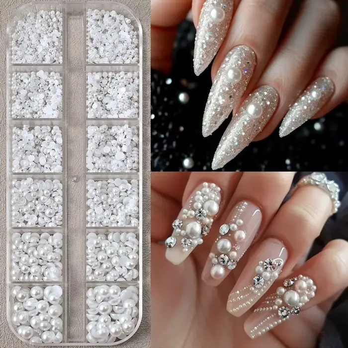 Ensemble de 12 boîtes de breloques pour ongles en perles japonaises, 1.5-5mm, strass 3D mixtes compl
