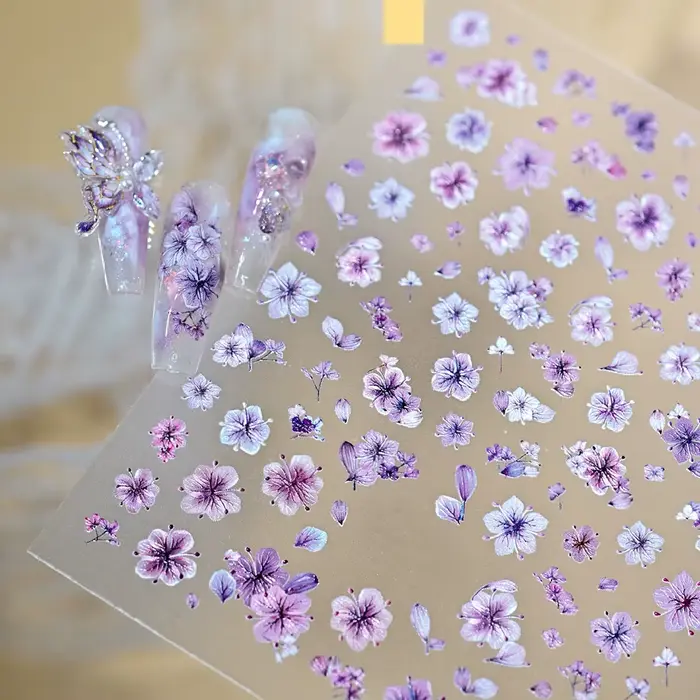 Autocollants 5D pour ongles à fleurs séchées colorées Rose/Bleu/Violet/Vert/Jaune – Décorations florales mignonnes pour manucure printanière