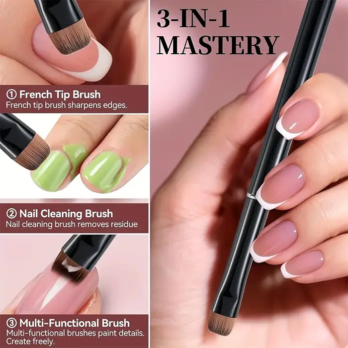 Nouveau pinceau à ongles français 3 en 1, avec tête de brosse multifonction - Pinceau à ongles fin, adapté aux ongles en gel et en acrylique, nettoyage précis