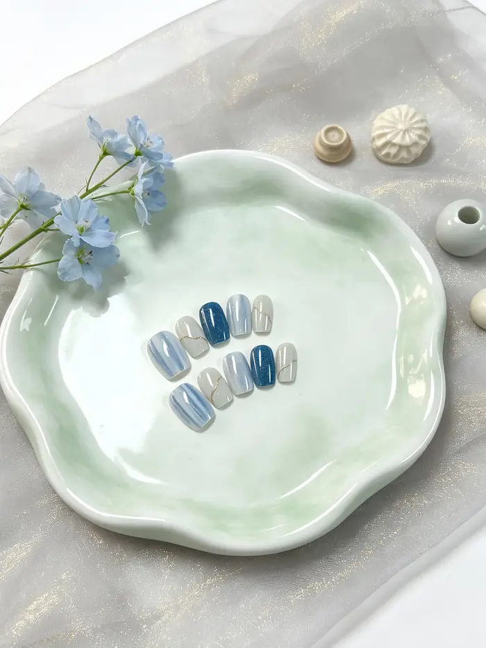 10 faux ongles carrés courts, aux couleurs principales blanc laiteux, bleu clair, bleu marine, gris 