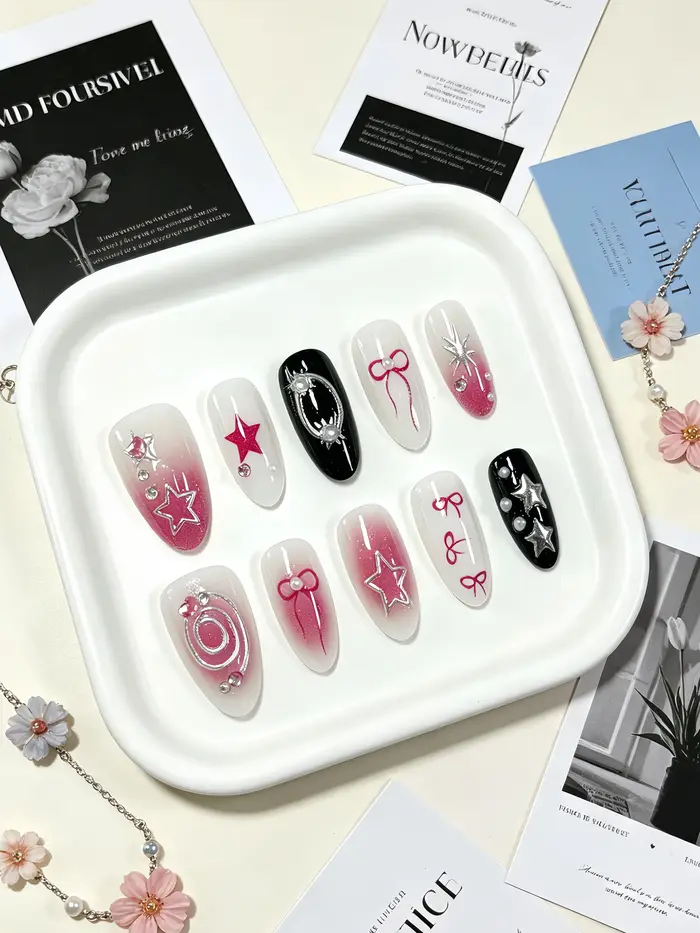 10 faux ongles de longueur moyenne en forme d'amande, avec dégradé de rose pêche laiteux et effet œi
