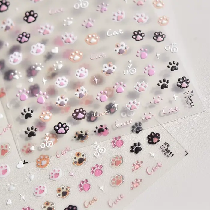 Autocollants pour ongles chat mignon gelée rose patte de chat dessin animé 5D en relief auto-adhésif