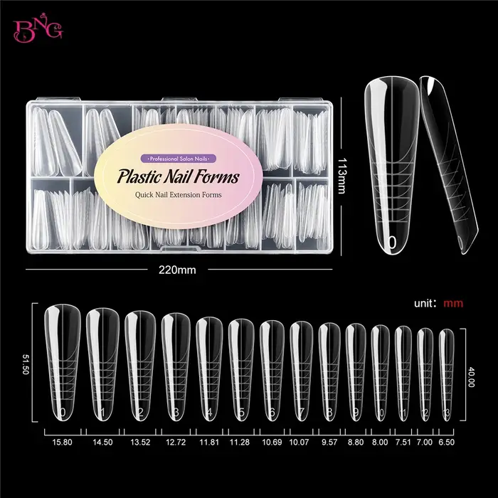 BNG 140 pièces Formes à ongles doubles Amande 14 Tailles Professionnelles Salon Facile à Utiliser Réutilisables Moules d'Extension d'Ongles Outils DIY Maison