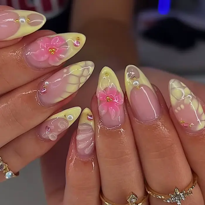 24 pièces faux ongles français fini amande ongles ensembles avec nœud doré conception faux ongles Ar