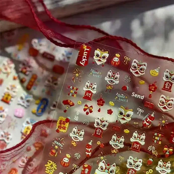 Mignon nouvel an chinois cheval année Lion danse arc Nail Art impression autocollants chanceux poney manucure décalcomanies festif en relief décor d'ongle