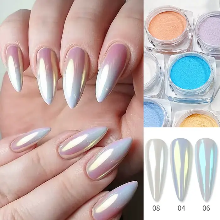Aurora – poudre à ongles rose, miroirs à paillettes, Pigment à frotter blanc, couleur métallique, vernis Gel pour Nail Art, poussière chromée, décoration de manucure