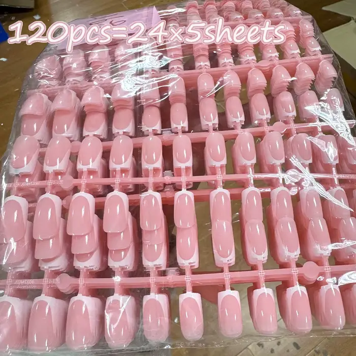 120 pièces = 24*5 français court carré cercueil faux ongles blanc rose Simple portable faux ongles b