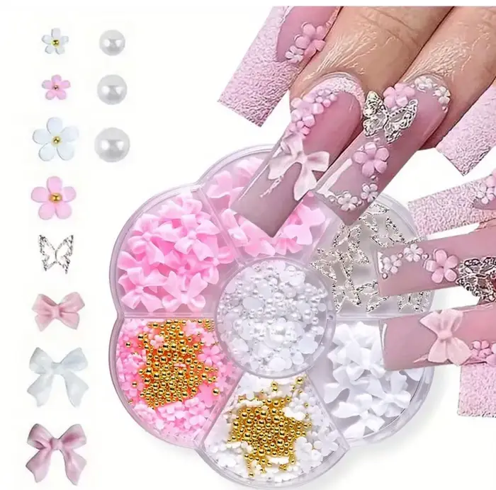 1 boîte de décorations pour ongles en forme de fleur avec nœud papillon 3D, avec perles en acier et