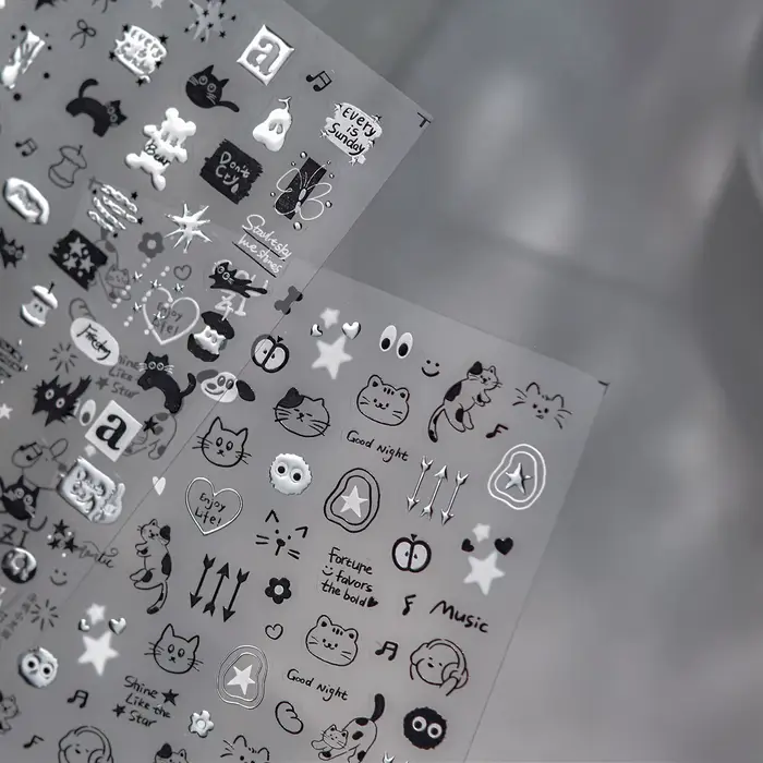 Autocollants pour ongles Anime en métal 5D, avec chats, Graffiti mignon, petit chat noir, accessoire