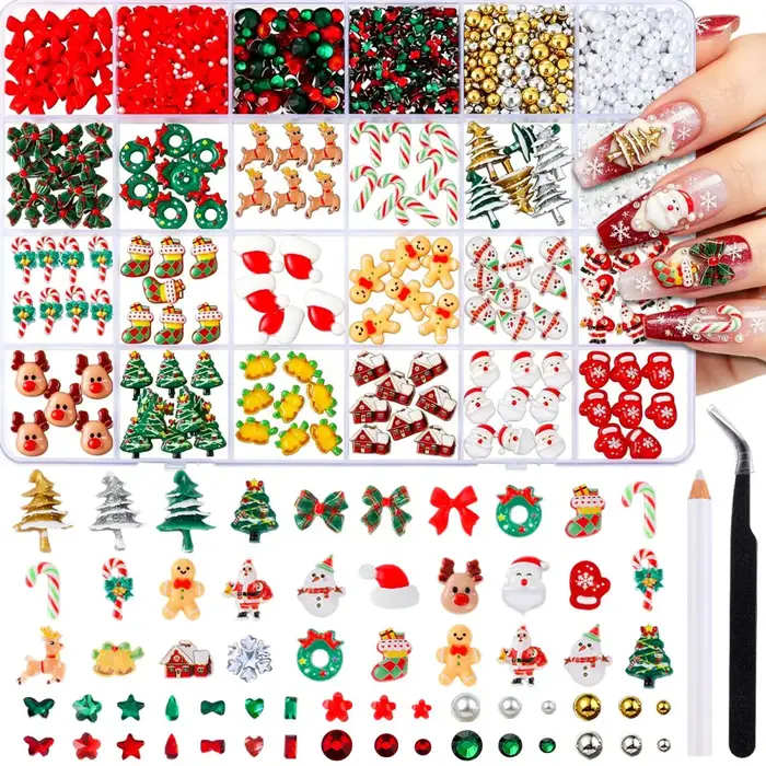 1 boîte de décorations créatives pour ongles en résine, motifs de rennes, de Père Noël, de gants, de nœuds, de chaussettes et de clochettes, pour la décoration des ongles de Noël DIY.