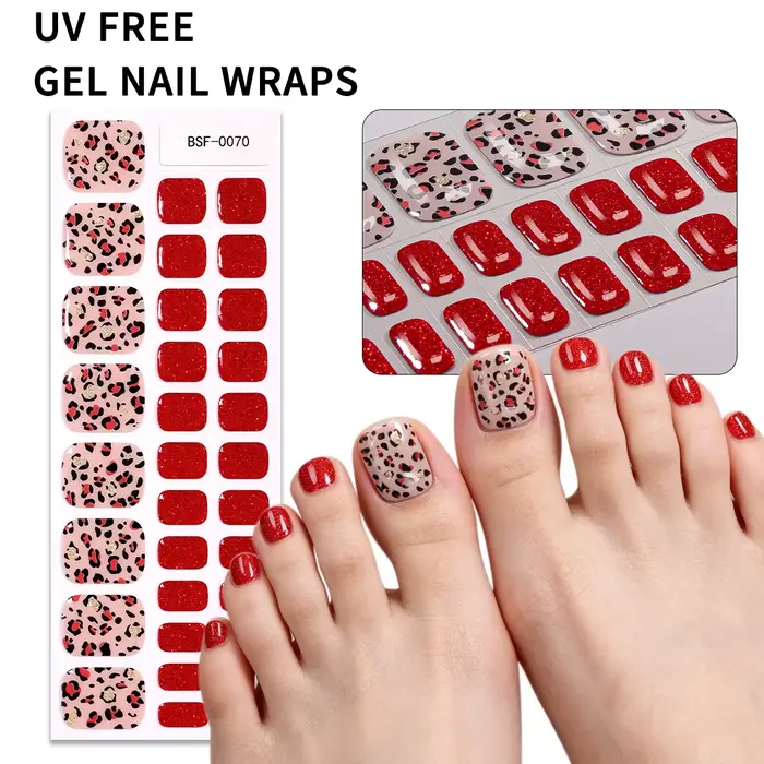 34 autocollants pour ongles de pieds en gel sans UV, motif léopard, paillettes rouges, couverture co