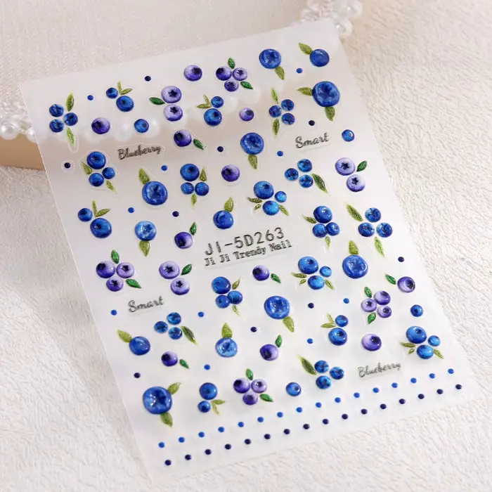Autocollants pour ongles mignons motif myrtille dessin animé, design feuille verte en relief 5D, fou
