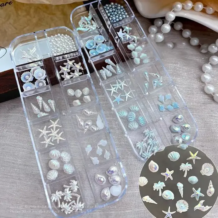 12 grilles/boîte bleu blanc breloque pour ongles coquille étoile de mer queue de sirène 3d accessoires de Nail Art pour un Look de manucure rêve et océanique