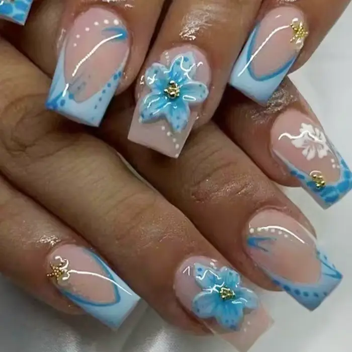24 pièces court carré 3D Gel ongles fait avec perle décoration Design bleu clair français acrylique