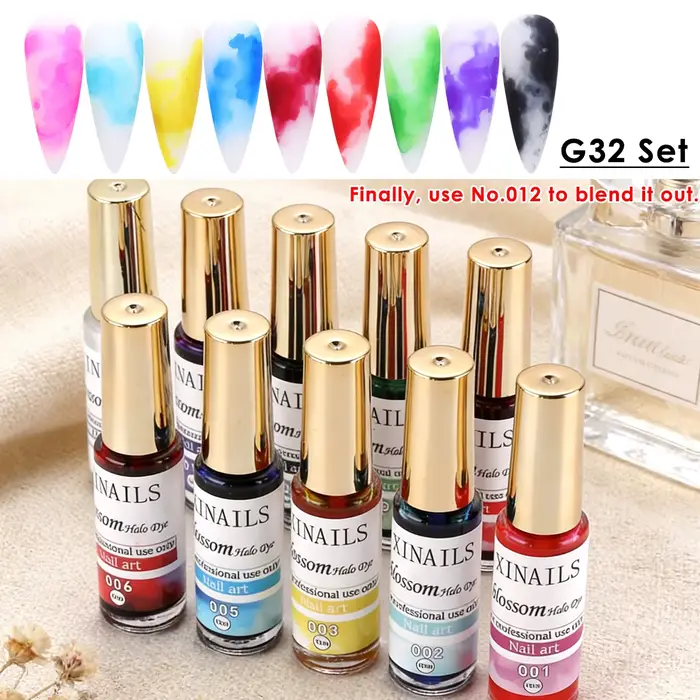 Lot de 10 vernis à ongles gel 10 ml effet marbré et aquarelle, style fleurs éclatantes, encre à diss