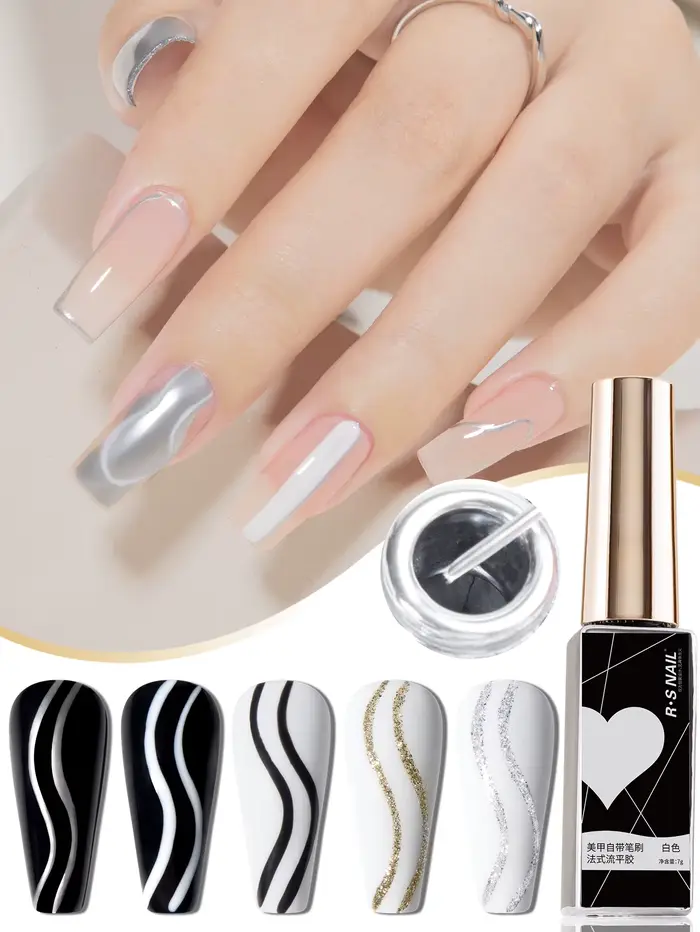 RSNAIL Gel Liner Pailleté Métallique Vernis à Ongles Blanc Noir Gel UV Peinture DIY Nail Art Gel Rayures Françaises Semi-Permanent