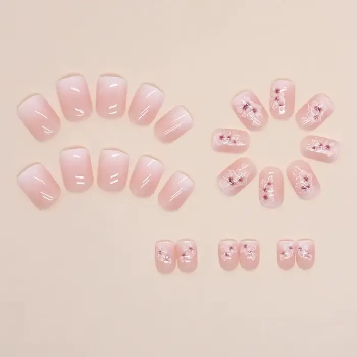 24 pièces d'ongles français courts à fleurs dégradées simples avec 1 colle gelée et 1 lime à ongles