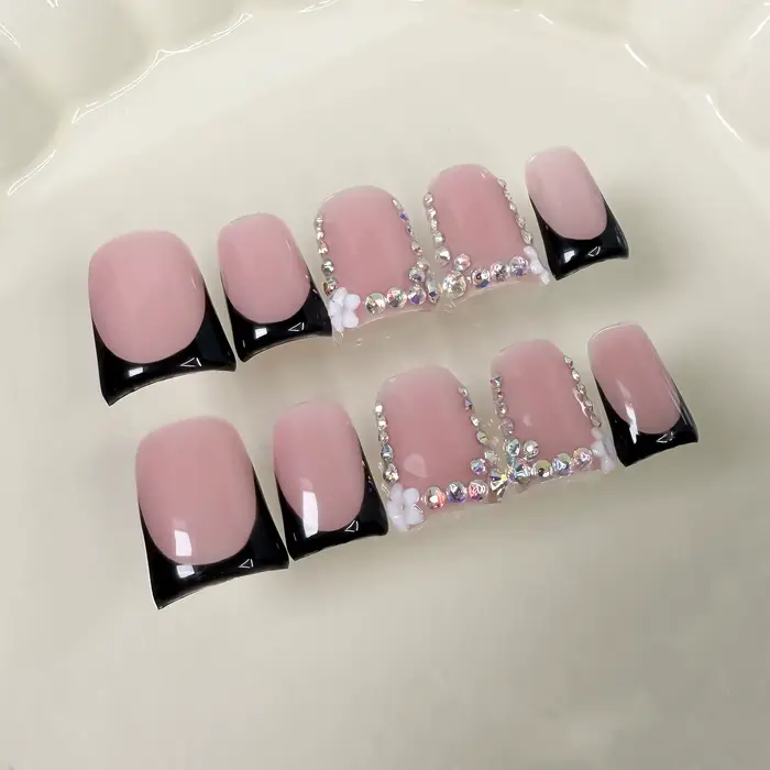 10 pièces court bec de canard fait à la main faux ongles Art Simple noir français faux ongles avec d