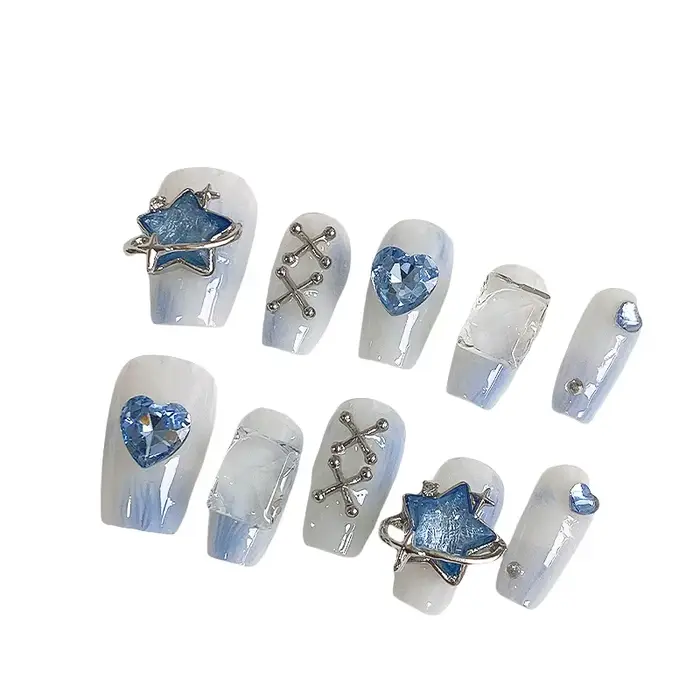 10 pièces Dreamy Blue Light Press - sur les ongles avec étoile