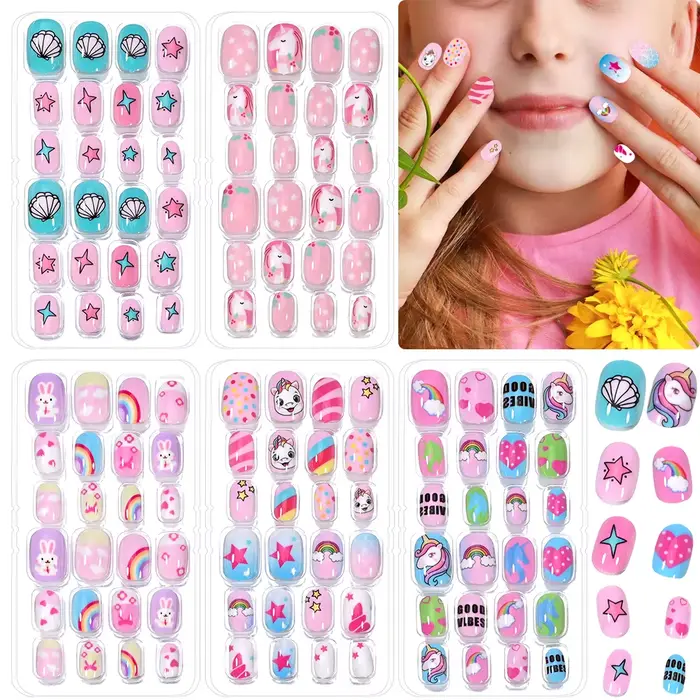 120 pièces/boîte rose dessin animé enfants presse sur ongles couleur bonbon licorne chat lapin enfan