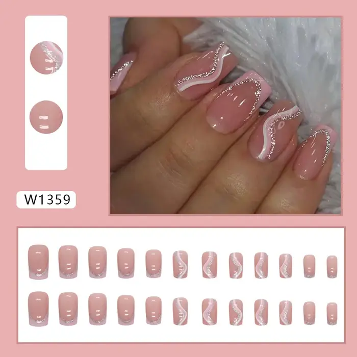 24 pièces rayures minimalistes françaises courtes avec 1 gelée et 1 lime à ongles doux Nail Art rose blanc rayure