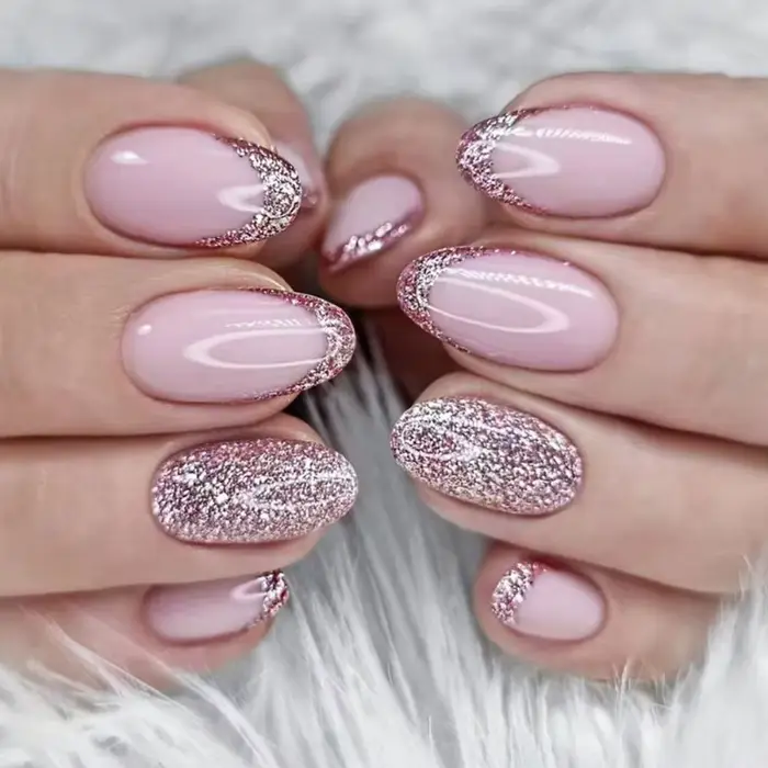 Faux ongles pailletés à base d'amande pour femme, 24 pièces, bouts d'ongles à couverture complète, s